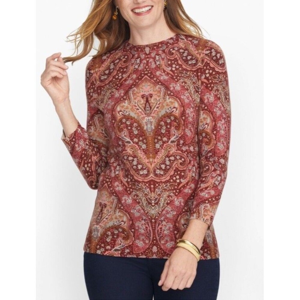 Talbots Audrey crew sweater Cashmere  Paisley 3/4 sleeves PXS